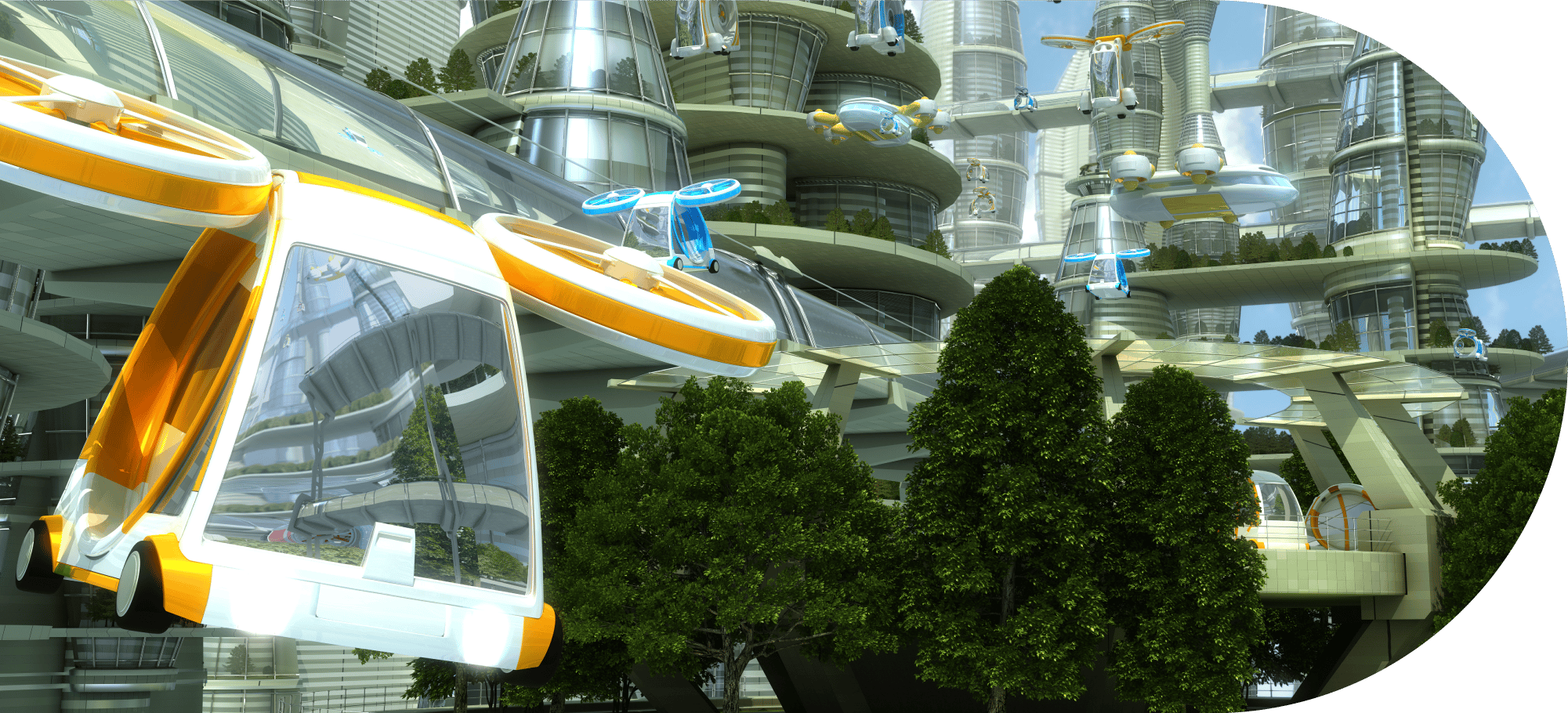 future society of flying cars and futuristic skyscrapers